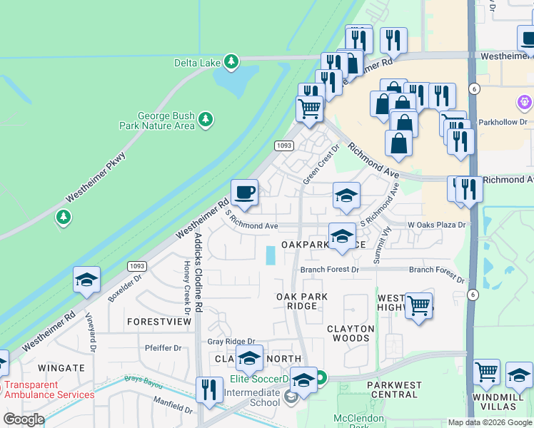 map of restaurants, bars, coffee shops, grocery stores, and more near 15211 Leila Bend Dr in Houston