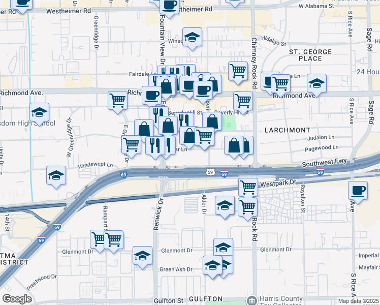 map of restaurants, bars, coffee shops, grocery stores, and more near 5907 Star Lane in Houston