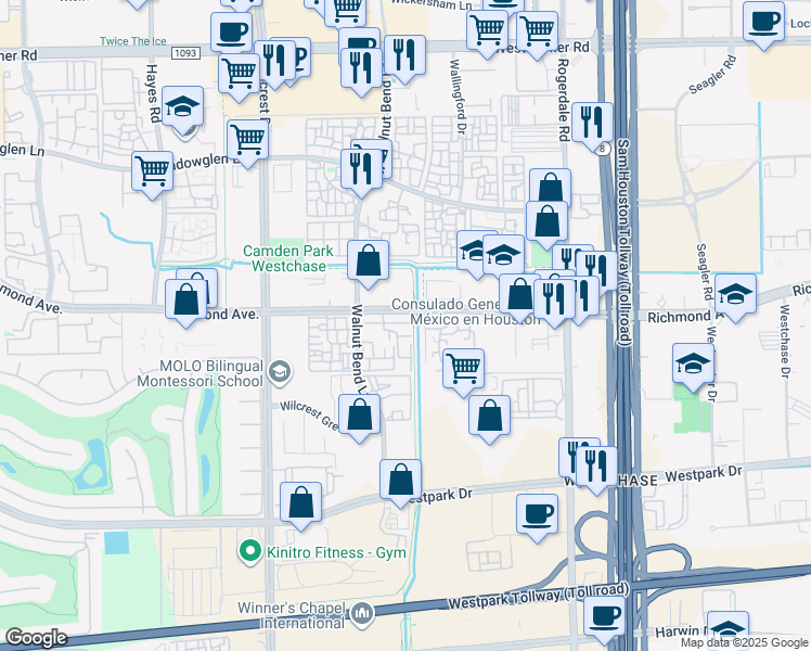 map of restaurants, bars, coffee shops, grocery stores, and more near 10811 Richmond Avenue in Houston
