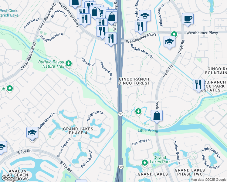 map of restaurants, bars, coffee shops, grocery stores, and more near 23507 Bainford Court in Katy