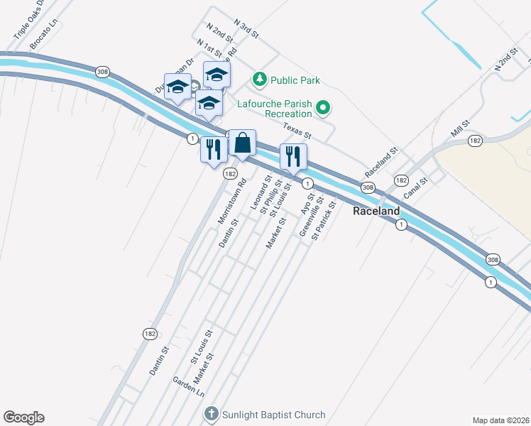 map of restaurants, bars, coffee shops, grocery stores, and more near 163 Saint Philip Street in Raceland