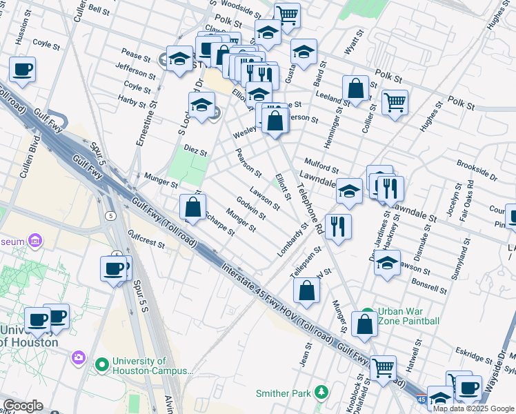map of restaurants, bars, coffee shops, grocery stores, and more near 1521 Godwin Street in Houston