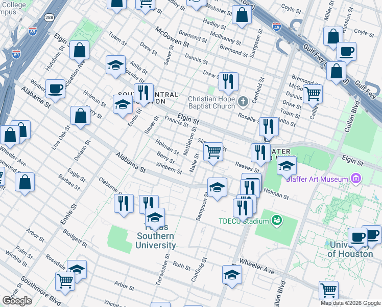 map of restaurants, bars, coffee shops, grocery stores, and more near 3311 Holman Street in Houston