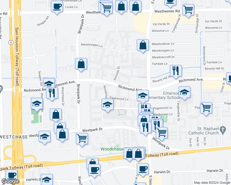 map of restaurants, bars, coffee shops, grocery stores, and more near 9921 Pagewood Lane in Houston