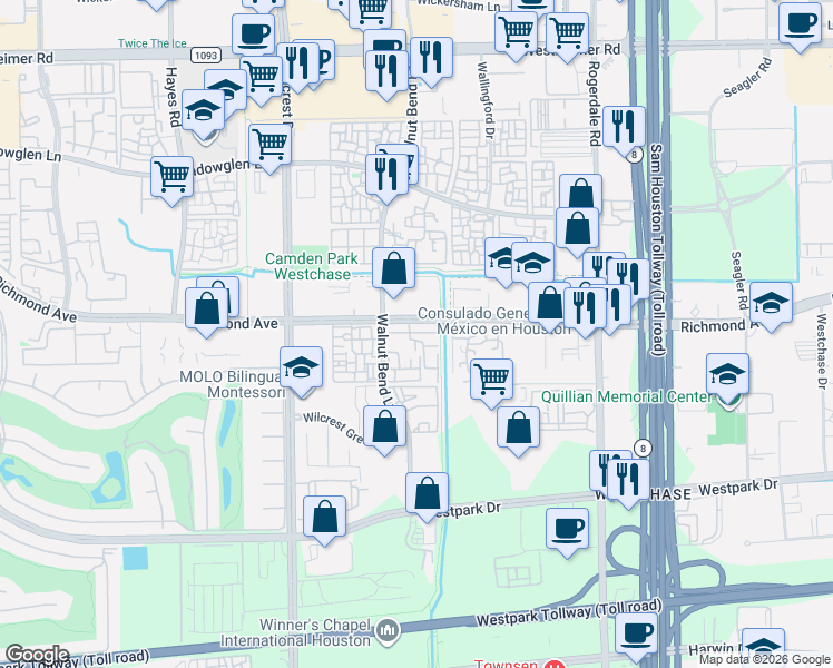 map of restaurants, bars, coffee shops, grocery stores, and more near 10811 Richmond Avenue in Houston