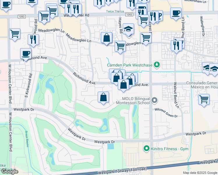 map of restaurants, bars, coffee shops, grocery stores, and more near 11355 Richmond Avenue in Houston