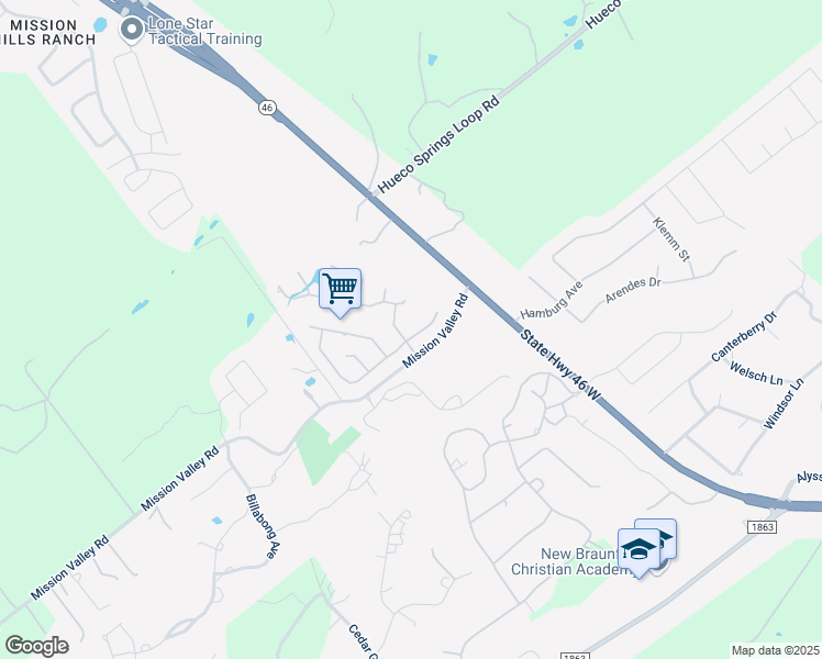 map of restaurants, bars, coffee shops, grocery stores, and more near 504 Wilderness Way in New Braunfels