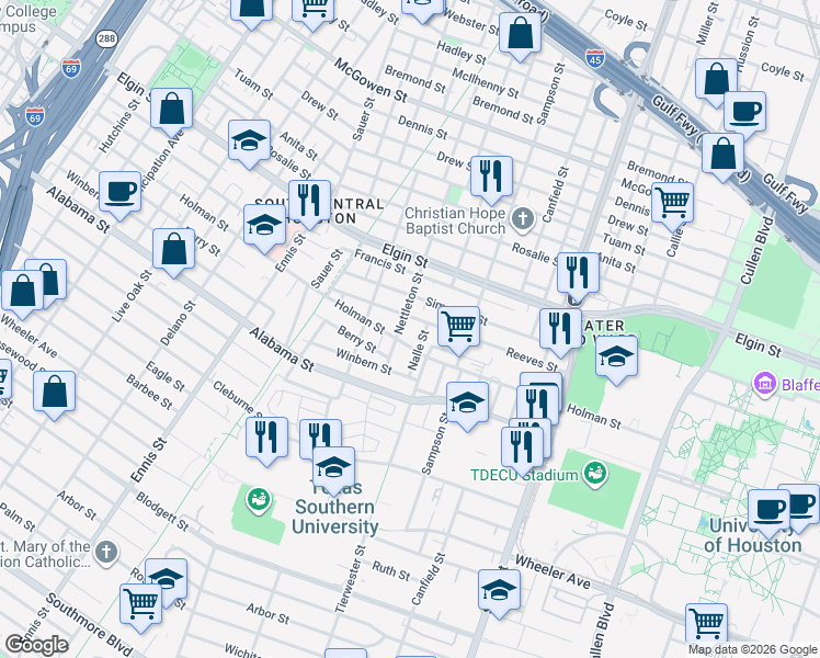 map of restaurants, bars, coffee shops, grocery stores, and more near 3311 Holman Street in Houston