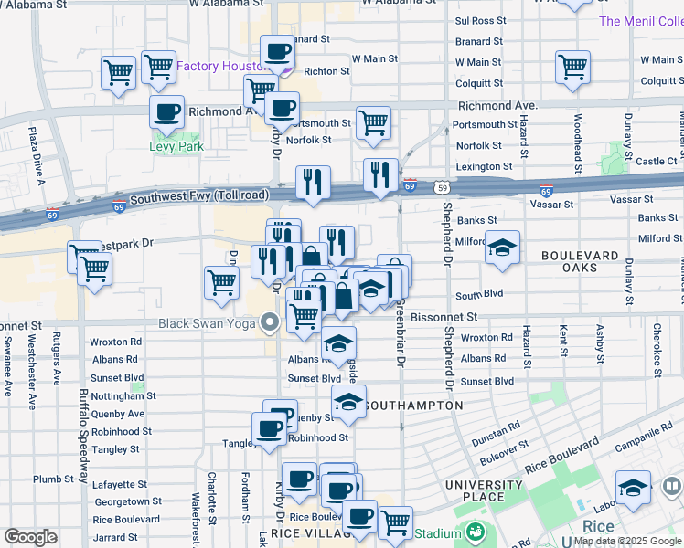 map of restaurants, bars, coffee shops, grocery stores, and more near 2347 Bartlett Street in Houston