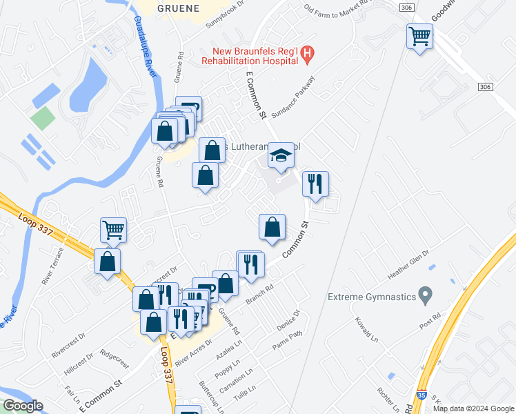 map of restaurants, bars, coffee shops, grocery stores, and more near 711 Village Way in New Braunfels