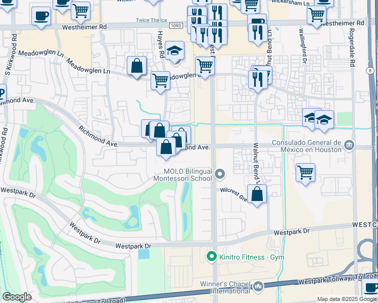 map of restaurants, bars, coffee shops, grocery stores, and more near 11201 Richmond Avenue in Houston