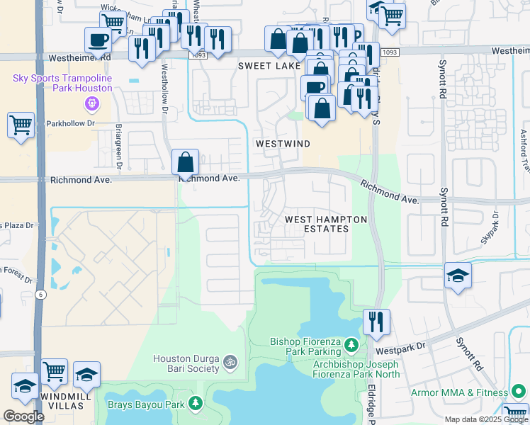 map of restaurants, bars, coffee shops, grocery stores, and more near 3266 Windchase Boulevard in Houston