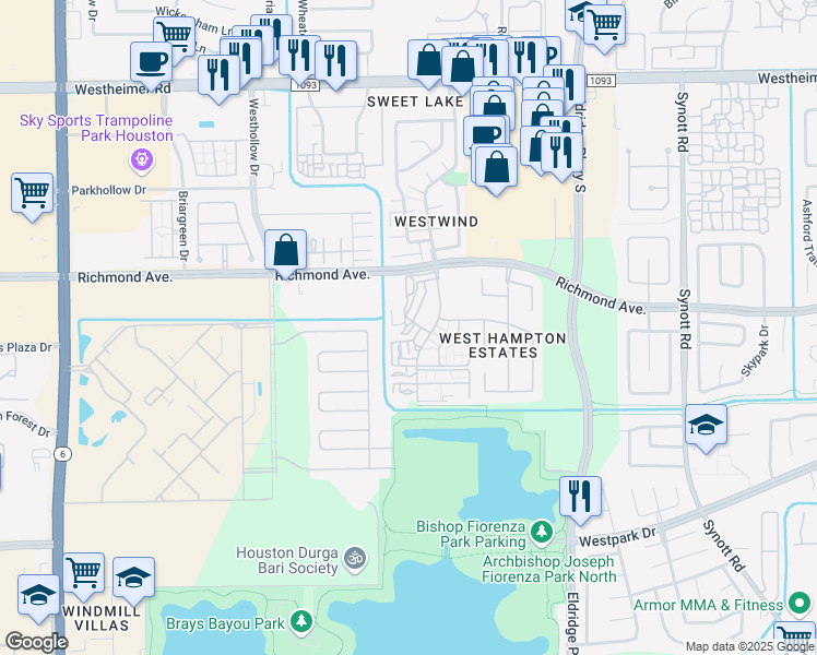 map of restaurants, bars, coffee shops, grocery stores, and more near 13683 Garden Grove Court in Houston