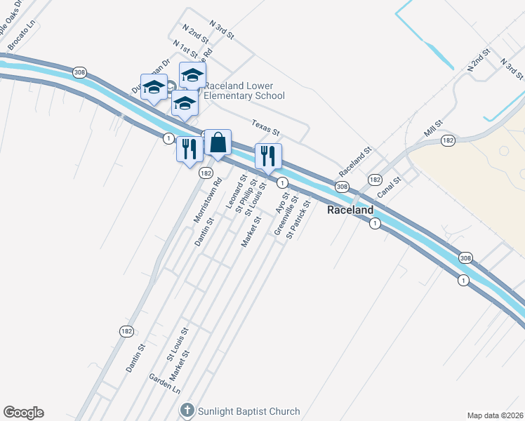 map of restaurants, bars, coffee shops, grocery stores, and more near 101 Market Street in Raceland