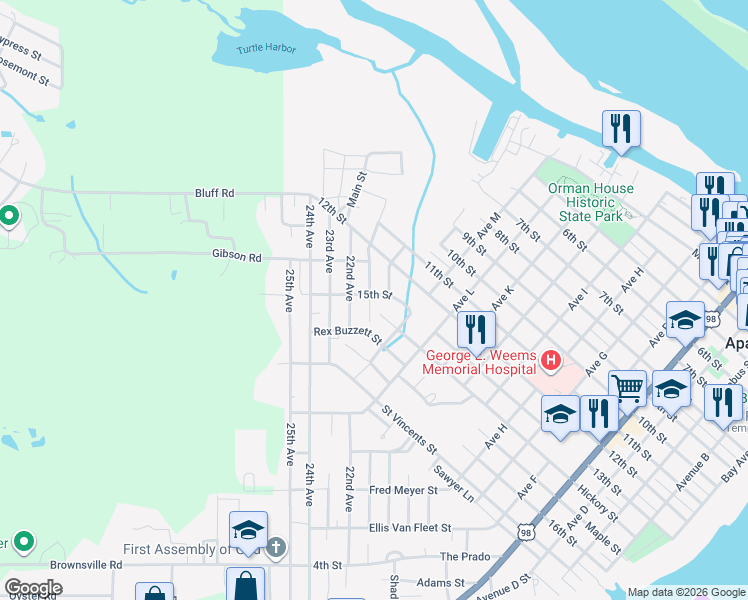 map of restaurants, bars, coffee shops, grocery stores, and more near 252 Jacobie O'Neal Lane in Apalachicola