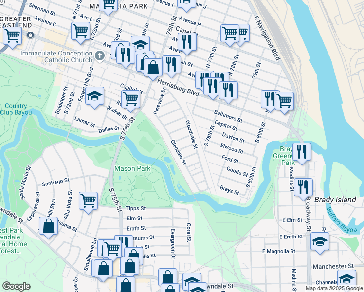 map of restaurants, bars, coffee shops, grocery stores, and more near 110 Glendora Street in Houston