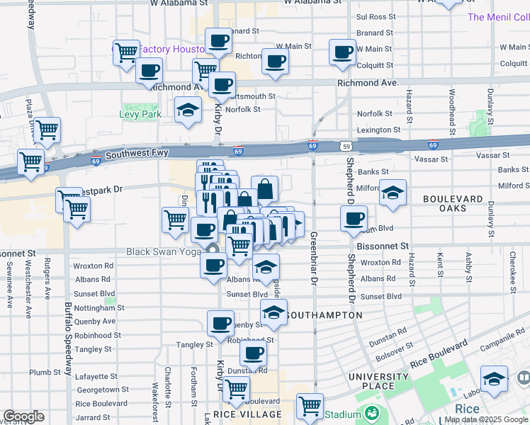 map of restaurants, bars, coffee shops, grocery stores, and more near 2441 Bartlett Street in Houston