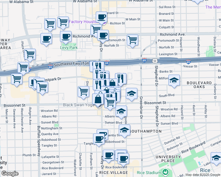 map of restaurants, bars, coffee shops, grocery stores, and more near 2531 Bartlett Street in Houston