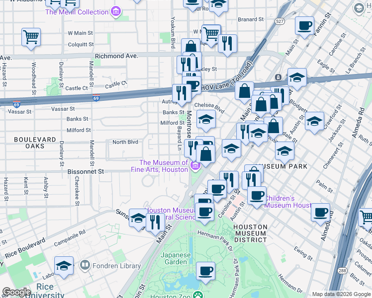 map of restaurants, bars, coffee shops, grocery stores, and more near 5100 Montrose Boulevard in Houston