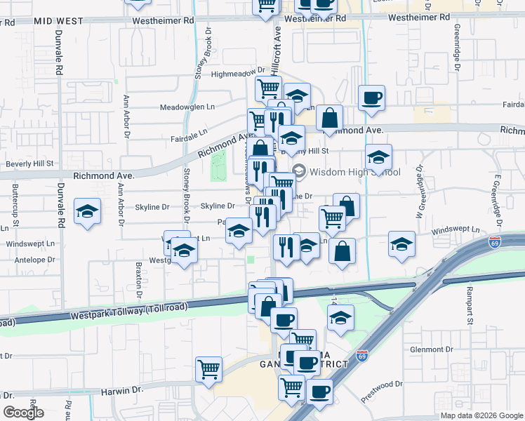 map of restaurants, bars, coffee shops, grocery stores, and more near 3511 Freshmeadows Drive in Houston