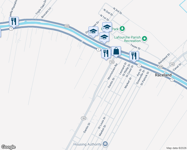 map of restaurants, bars, coffee shops, grocery stores, and more near 206 Wilson Street in Raceland