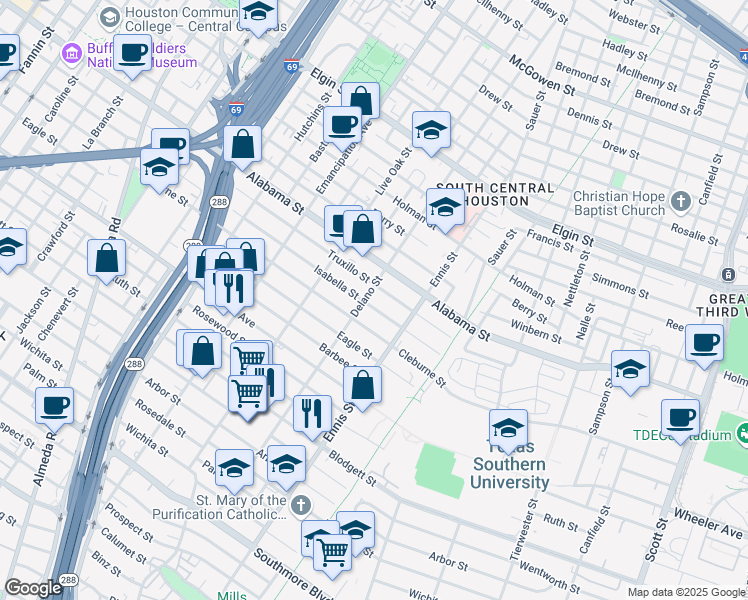 map of restaurants, bars, coffee shops, grocery stores, and more near 2802 Isabella Street in Houston