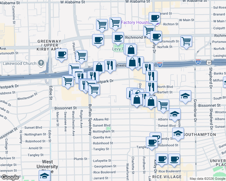 map of restaurants, bars, coffee shops, grocery stores, and more near 2939 Westpark Drive in Houston