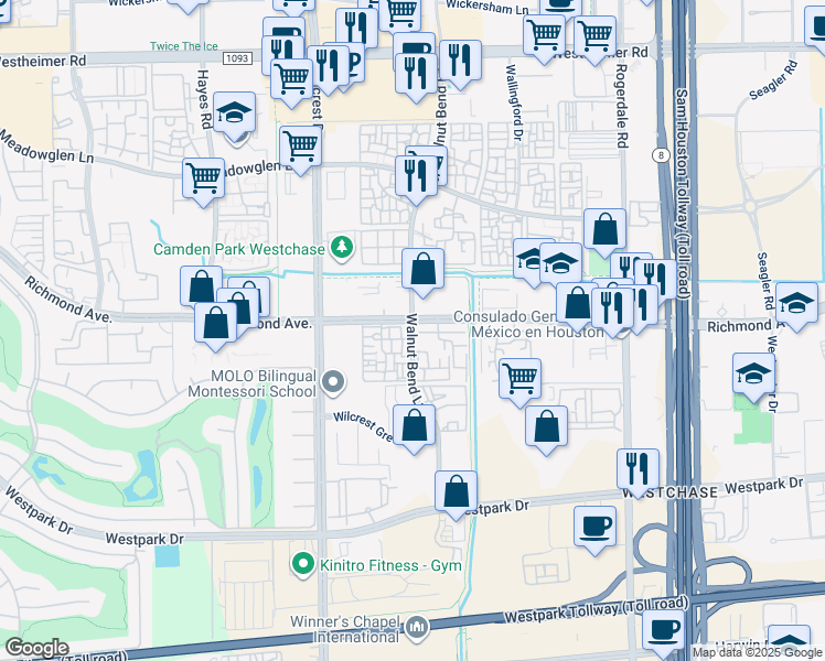 map of restaurants, bars, coffee shops, grocery stores, and more near 504 Walnut Bend Lane in Houston