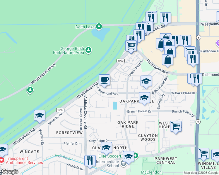 map of restaurants, bars, coffee shops, grocery stores, and more near 15211 Leila Bend Drive in Houston