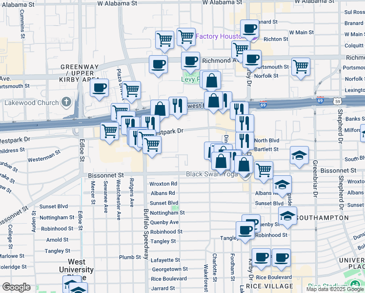 map of restaurants, bars, coffee shops, grocery stores, and more near 2939 Westpark Drive in Houston