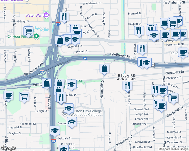 map of restaurants, bars, coffee shops, grocery stores, and more near in Houston
