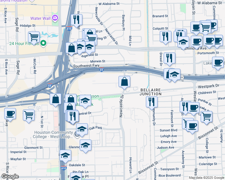 map of restaurants, bars, coffee shops, grocery stores, and more near 4639 Wild Indigo Street in Houston