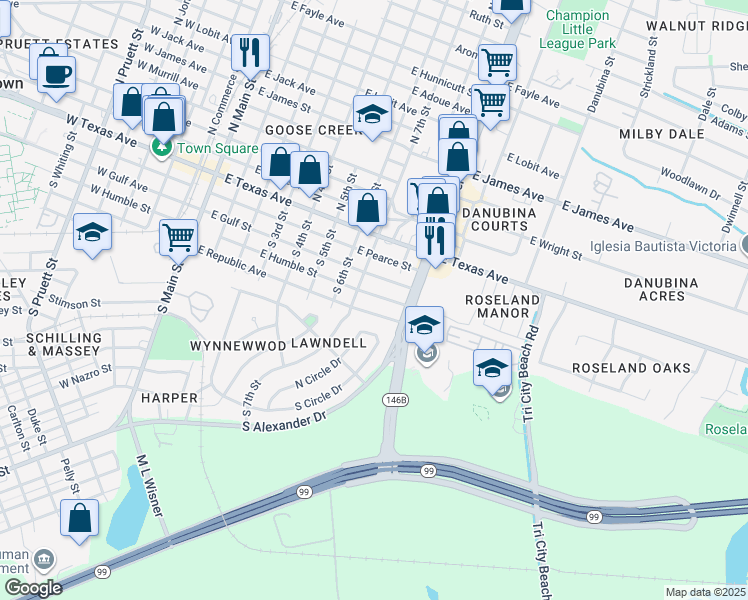 map of restaurants, bars, coffee shops, grocery stores, and more near 707 East Humble Street in Baytown