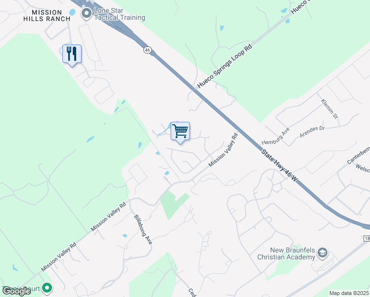 map of restaurants, bars, coffee shops, grocery stores, and more near 2642 Fairwood Drive in New Braunfels