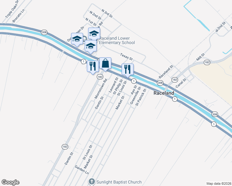 map of restaurants, bars, coffee shops, grocery stores, and more near 163 Saint Philip Street in Raceland