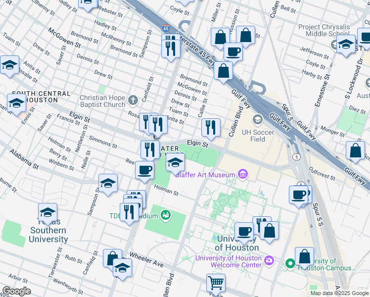 map of restaurants, bars, coffee shops, grocery stores, and more near 3719 Elgin Street in Houston
