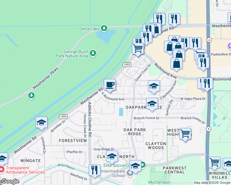 map of restaurants, bars, coffee shops, grocery stores, and more near 15211 Leila Bend Drive in Houston