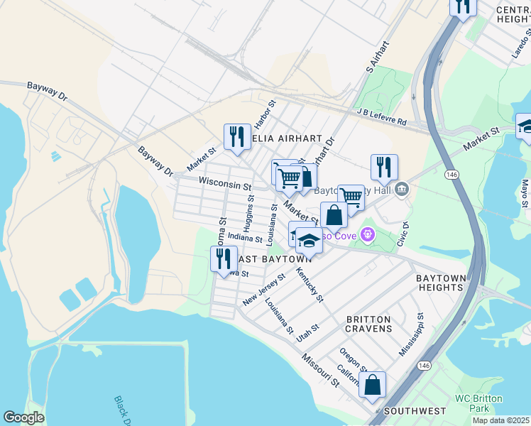 map of restaurants, bars, coffee shops, grocery stores, and more near 3100 Michigan Street in Baytown
