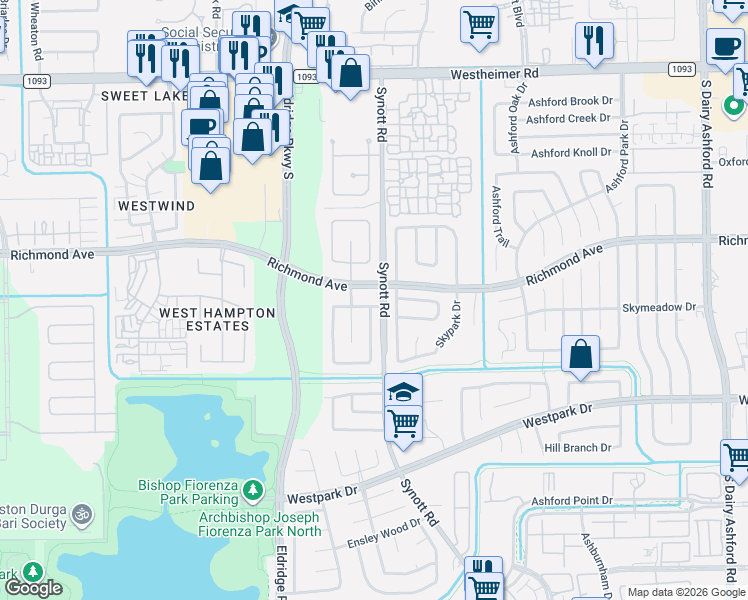 map of restaurants, bars, coffee shops, grocery stores, and more near 3002 Hazel Park Drive in Houston