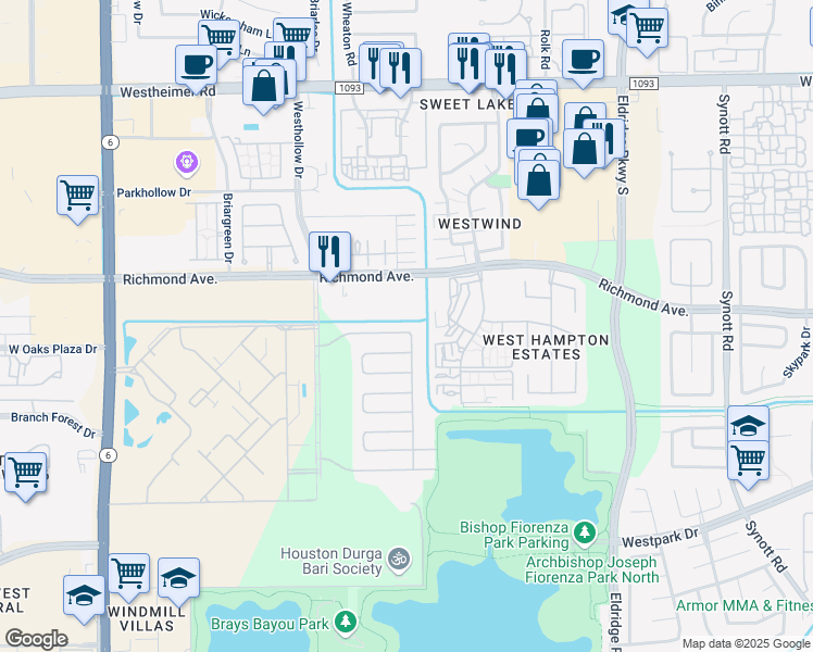 map of restaurants, bars, coffee shops, grocery stores, and more near 13811 Sheri Hollow Lane in Houston