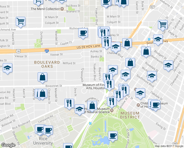 map of restaurants, bars, coffee shops, grocery stores, and more near 1208 Berthea Street in Houston