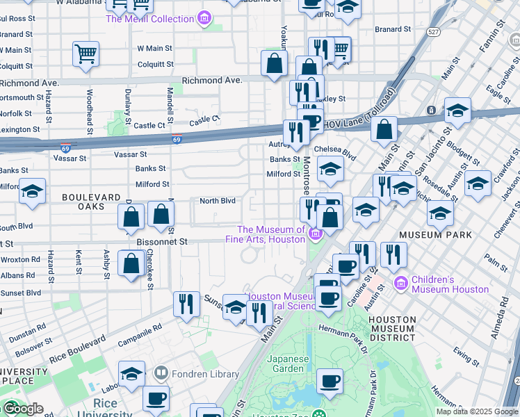 map of restaurants, bars, coffee shops, grocery stores, and more near 1208 Berthea Street in Houston