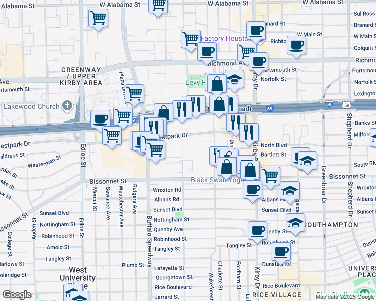 map of restaurants, bars, coffee shops, grocery stores, and more near 2939 Westpark Drive in Houston
