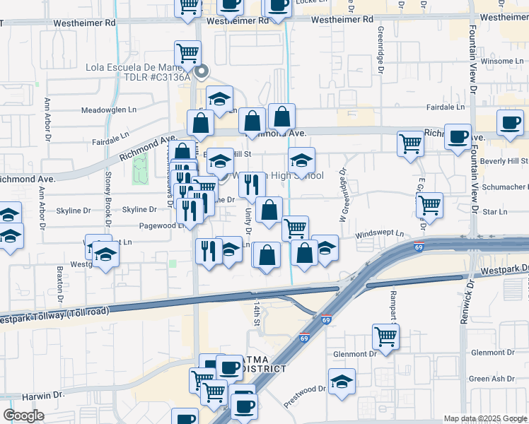 map of restaurants, bars, coffee shops, grocery stores, and more near 3449 Unity Drive in Houston