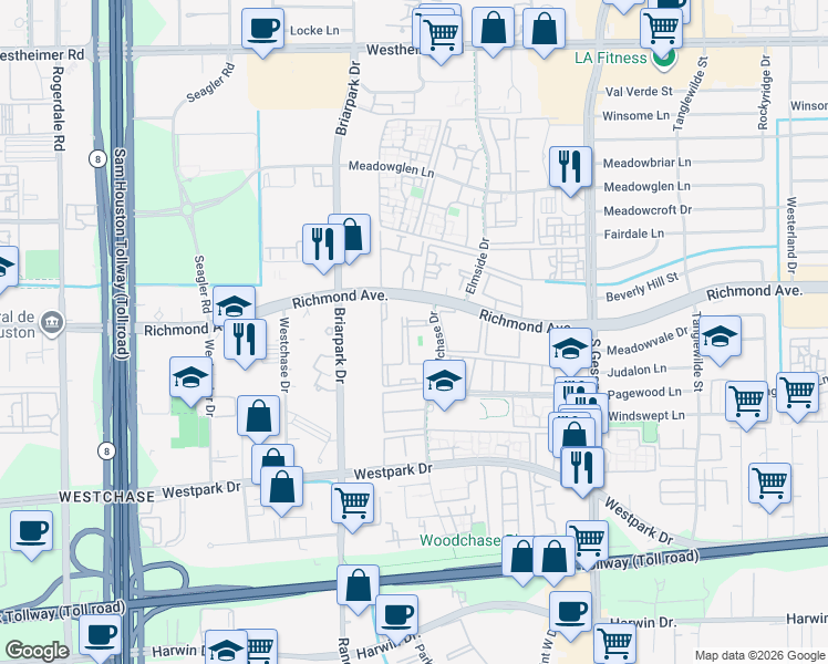 map of restaurants, bars, coffee shops, grocery stores, and more near 3400 Woodchase Drive in Houston