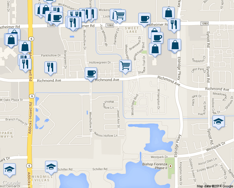 map of restaurants, bars, coffee shops, grocery stores, and more near 13811 Sheri Hollow Lane in Houston