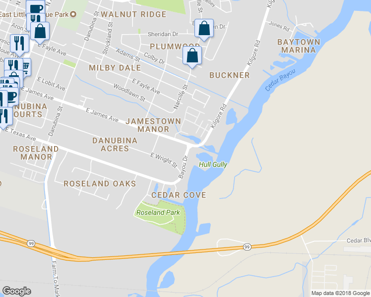 map of restaurants, bars, coffee shops, grocery stores, and more near 2425 East James Avenue in Baytown