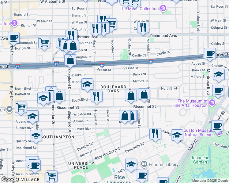 map of restaurants, bars, coffee shops, grocery stores, and more near 1753 North Boulevard in Houston
