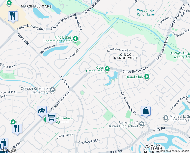 map of restaurants, bars, coffee shops, grocery stores, and more near 25710 Jordan Terrace Lane in Katy