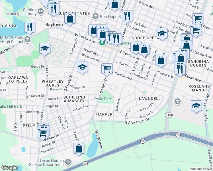 map of restaurants, bars, coffee shops, grocery stores, and more near 700 South Main Street in Baytown